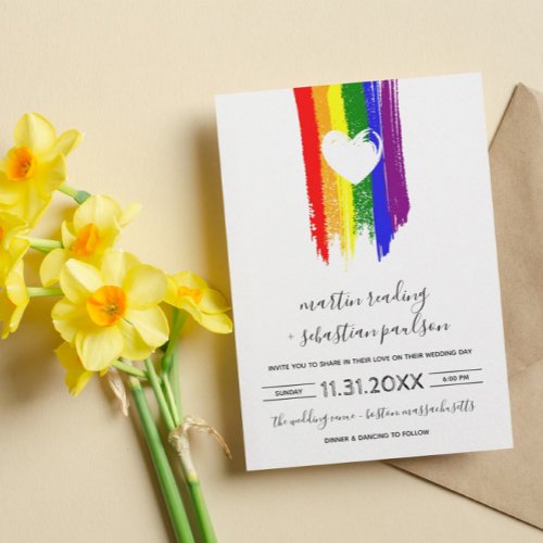 Paint Strokes Pride Flag  White Heart Wedding Invitation