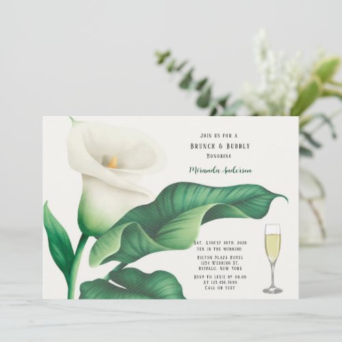 Paint White Lily With Green Leaf Brunch  Bubbly Invitation