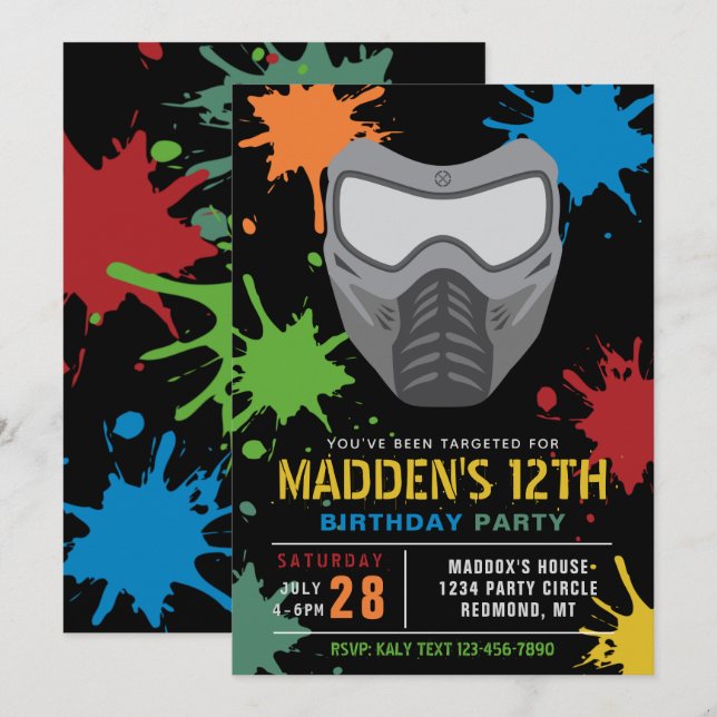 Paintball Birthday Invitation | Paintball Party (Front/Back)