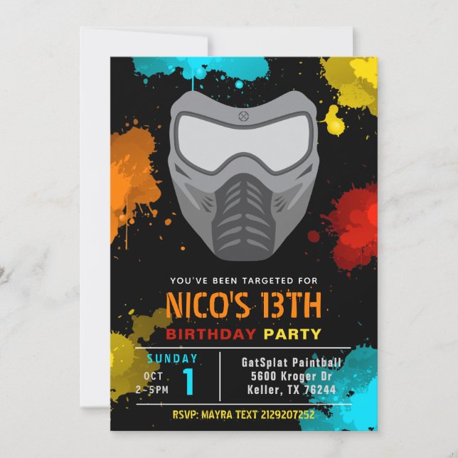 Paintball Birthday Invitation | Paintball Party (Front)