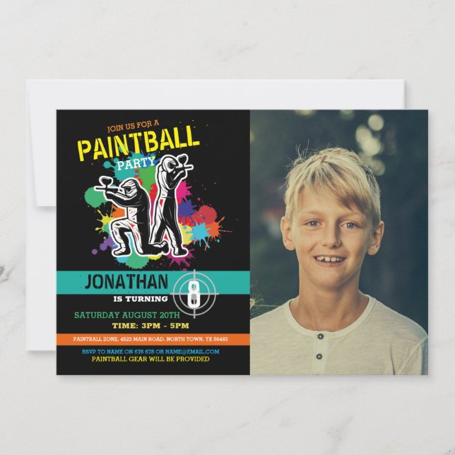 Paintball Birthday Paint Boys Girls Photo Invitation (Front)
