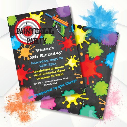 Paintball Birthday Party chalkboard background Invitation