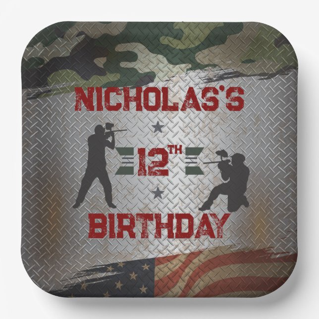 Paintball Birthday Party Military Camo USA  Paper Plates (Front)