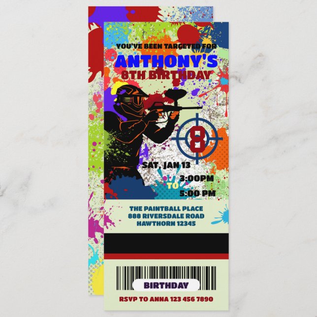 Paintball Birthday Ticket Invitation, Paintball Invitation (Front/Back)