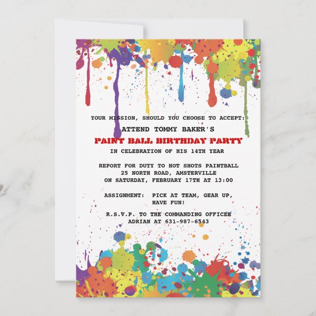 Paintball Colors Invitation (Front)