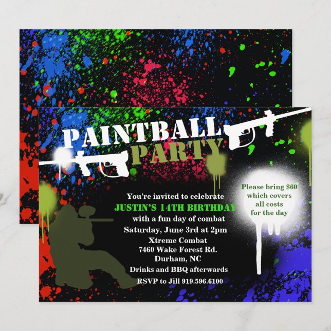Paintball Party Birthday Invitation (Front/Back)