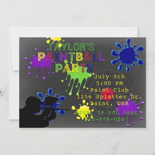 Paintball Party Chalkboard Grey Splat Invitation (Front)