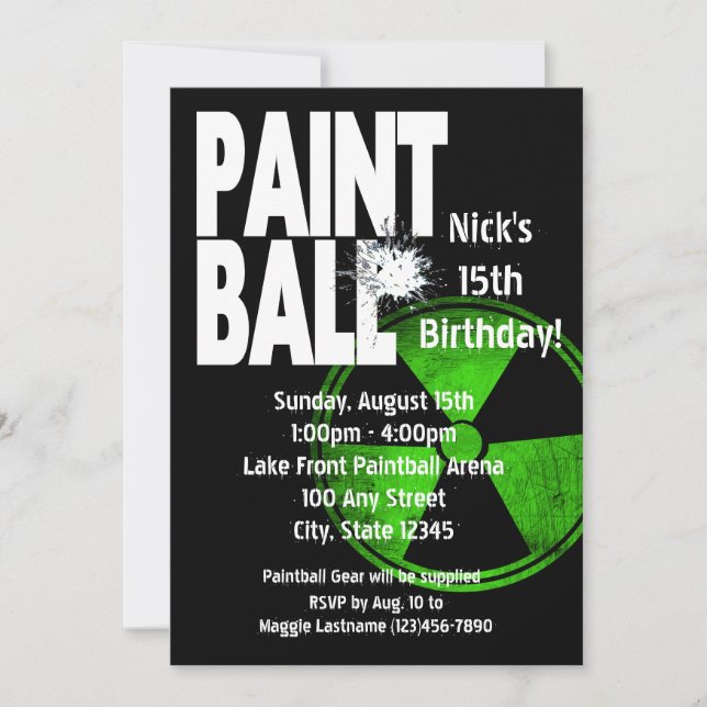 Paintball Radio Active Birthday Invitation (Front)