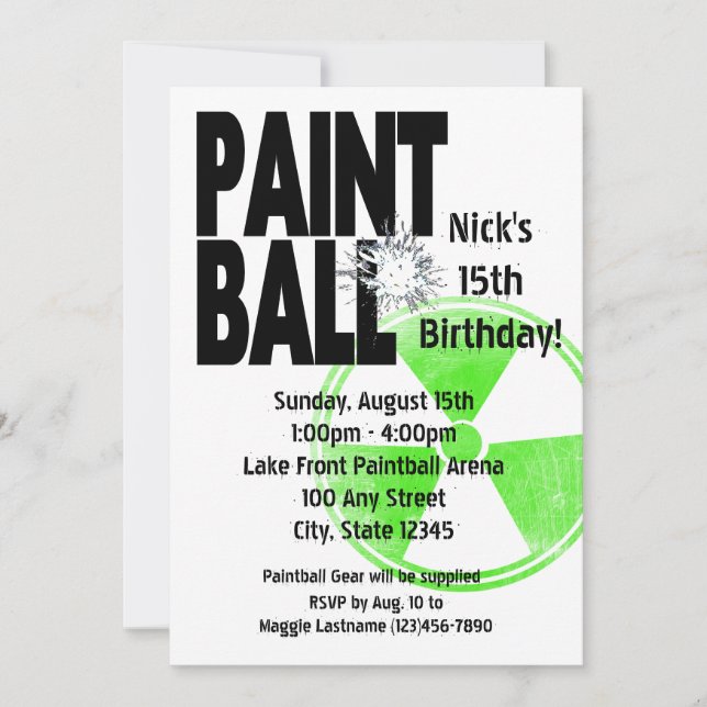 Paintball Radio Active Birthday Invitation (Front)