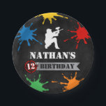 Paintball Splatter Kids Birthday Party Paper Plate<br><div class="desc">Level up your party table with this custom paintball-themed plate featuring bold paint splatter, a white paintball shooter silhouette, and personalized text with your child’s name and age. Perfect for boys, teens, and kids, it adds a fun and action-packed touch to any paintball birthday celebration. Ideal for meals, snacks, or...</div>