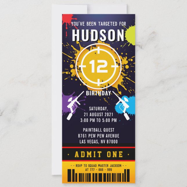 Paintball Ticket Pass Birthday Party Invitation (Front)