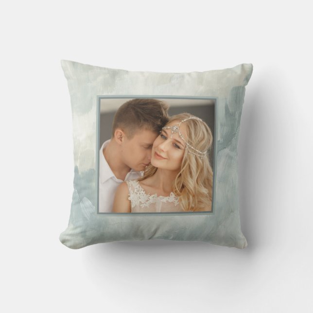 Painted Abstract | Elegant Green with Two Photos Throw Pillow (Front)