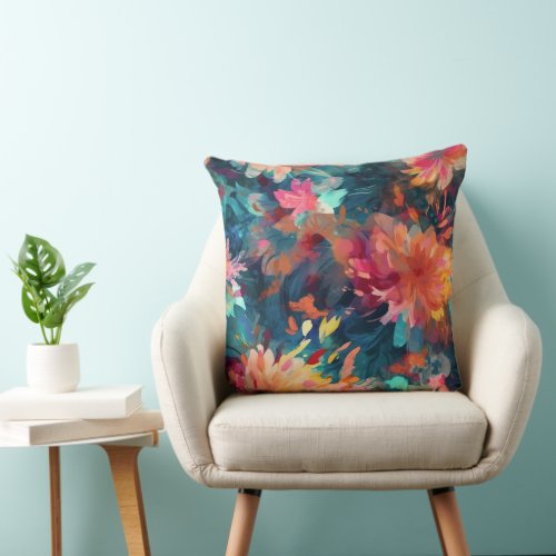 Painted Abstract Floral Giant Mums Throw Pillow