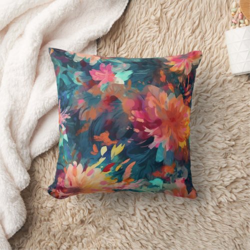 Painted Abstract Floral Giant Mums Throw Pillow