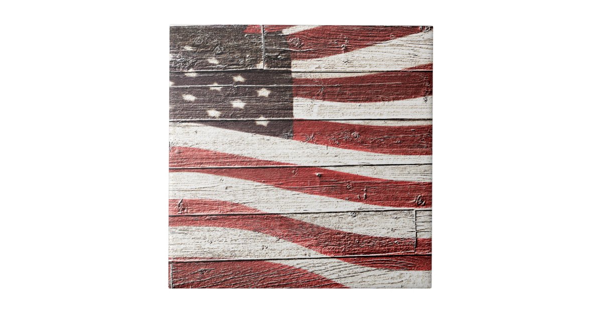 Painted American Flag On Rustic Wood Like Texture Tile Zazzle Com