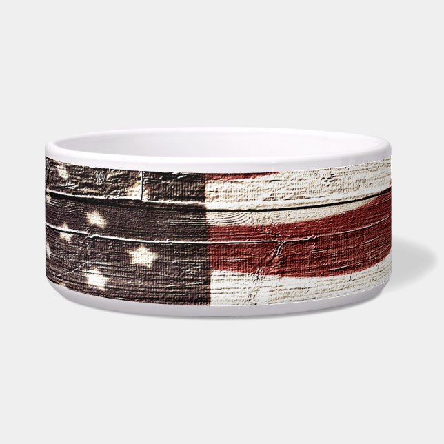 Painted American Flag on Rustic Wood Texture Bowl (Front)