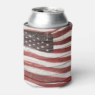 Painted American Flag on Rustic Wood Texture Can Cooler