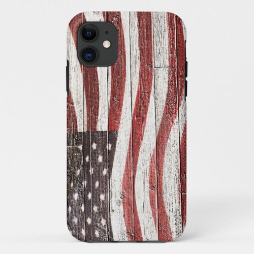 Painted American Flag on Rustic Wood Texture iPhone 11 Case