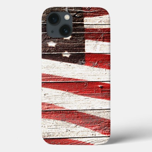 Painted American Flag on Rustic Wood Texture iPhone 13 Case