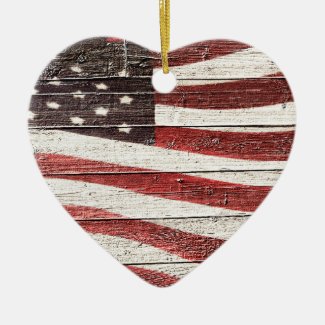 Painted American Flag on Rustic Wood Texture Ceramic Ornament