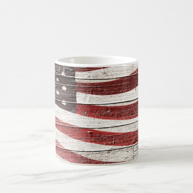 Painted American Flag on Rustic Wood Texture Coffee Mug (Center)