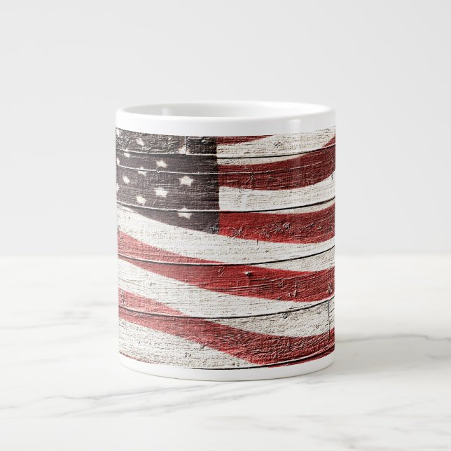 Painted American Flag on Rustic Wood Texture Giant Coffee Mug (Front)
