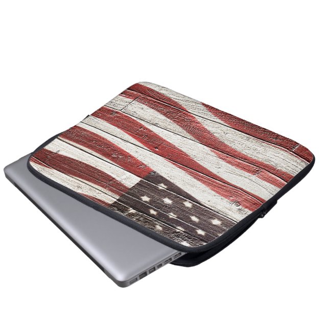 Painted American Flag on Rustic Wood Texture Laptop Sleeve (Front Bottom)