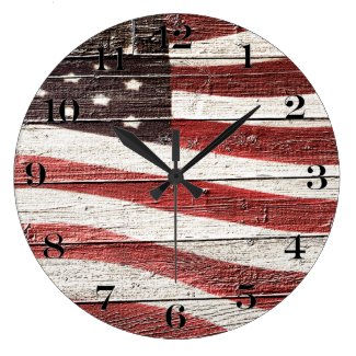 Painted American Flag on Rustic Wood Texture Large Clock
