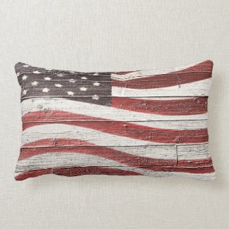 Painted American Flag on Rustic Wood Texture Lumbar Pillow