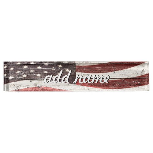 Painted American Flag on Rustic Wood Texture Name Plate