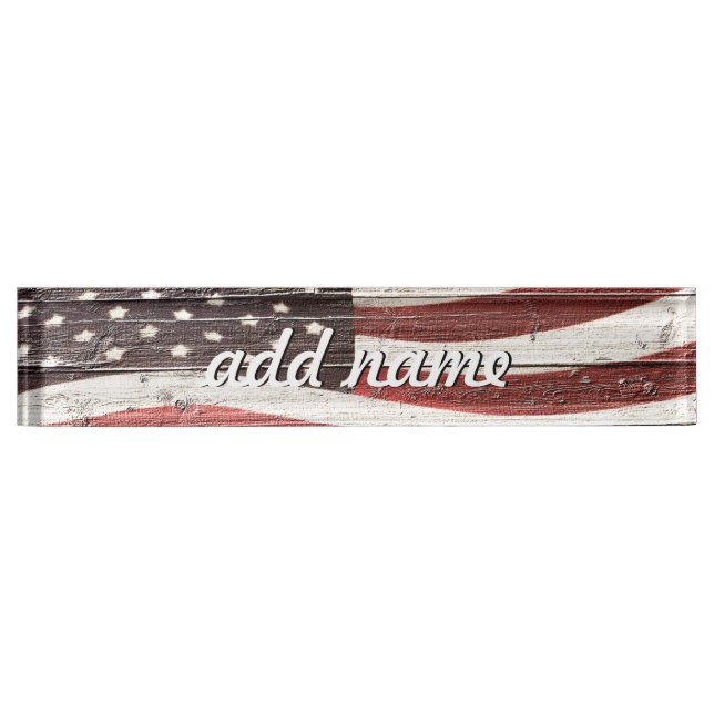 Painted American Flag on Rustic Wood Texture Name Plate (Front)