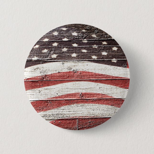 Painted American Flag on Rustic Wood Texture Pinback Button (Front)