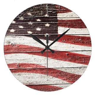 Painted American Flag on Rustic Wood Texture Round Clock