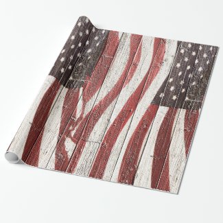 Painted American Flag on Rustic Wood Texture Wrapping Paper