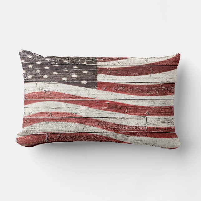 Painted American Flag on Wood-Look Lumbar Pillow (Front)