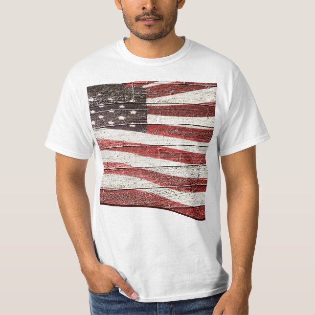 Painted American Flag on Wood Texture T-Shirt (Front)