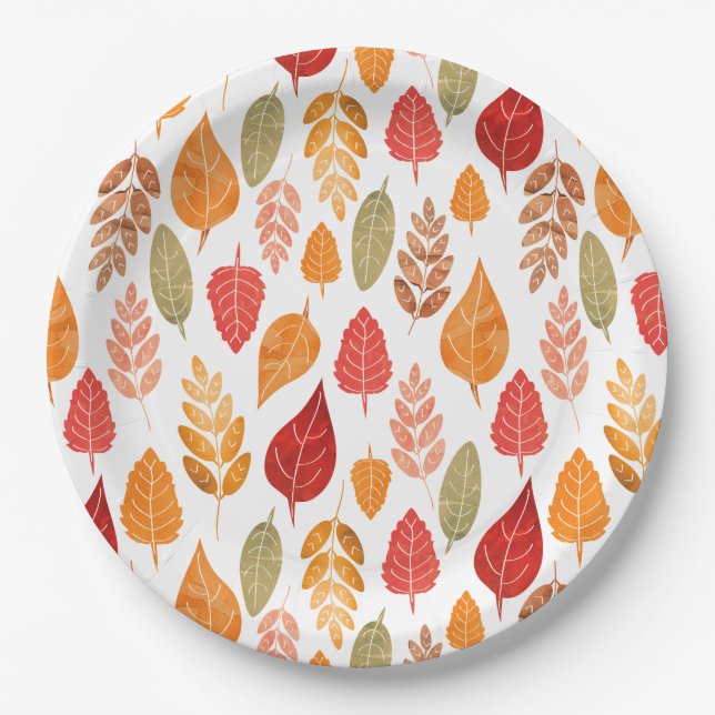 Painted Autumn Leaves Pattern Paper Plates (Front)