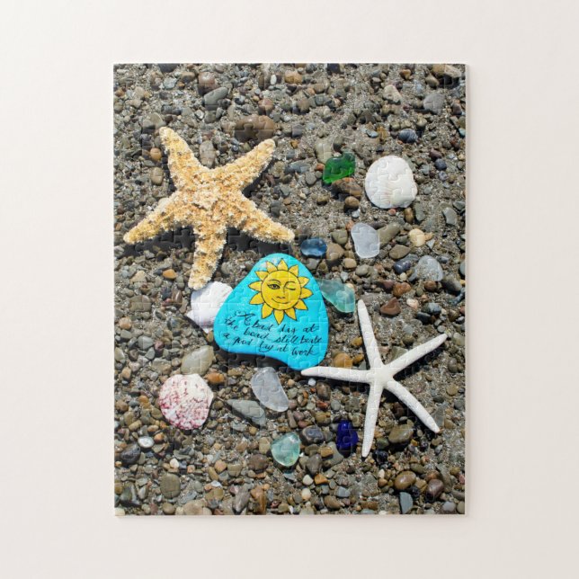 Painted beach rock art, sea shells, sea glass jigsaw puzzle (Vertical)