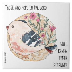 Painted Bird & Flowers, w verse from Isaiah 40:31 Ceramic Tile