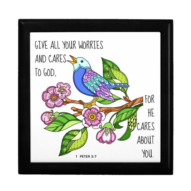 Painted bird, w verse from 1 Peter 5:7 Keepsake Gift Box (Front)