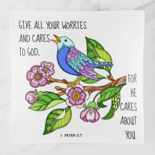 Painted bird, w verse from 1 Peter 5:7 Trinket Tray