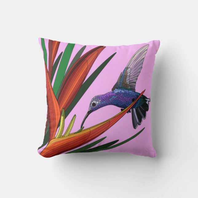 Painted Birds, Hummingbird on Pink Throw Pillow (Front)