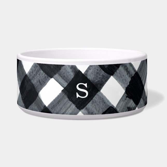 Painted Black and White Buffalo Plaid and Initial Bowl (Front)