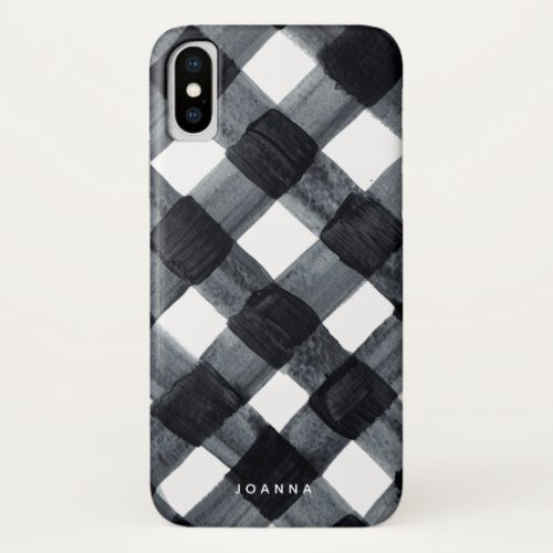 Painted Black and White Buffalo Plaid and Name iPhone X Case