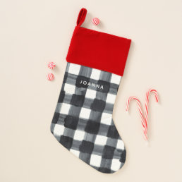 Painted Black and White Buffalo Plaid and Name Christmas Stocking