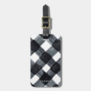 Painted Black and White Buffalo Plaid and Name Luggage Tag