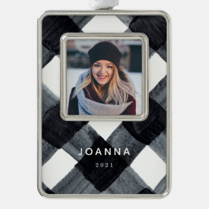 Painted Black and White Buffalo Plaid and Photo Ch Christmas Ornament