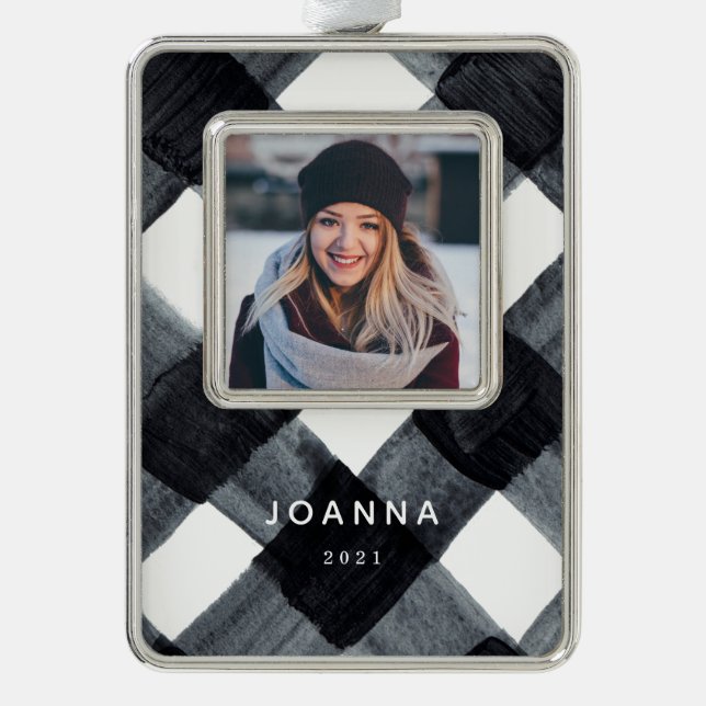 Painted Black and White Buffalo Plaid and Photo Ch Christmas Ornament (Front)