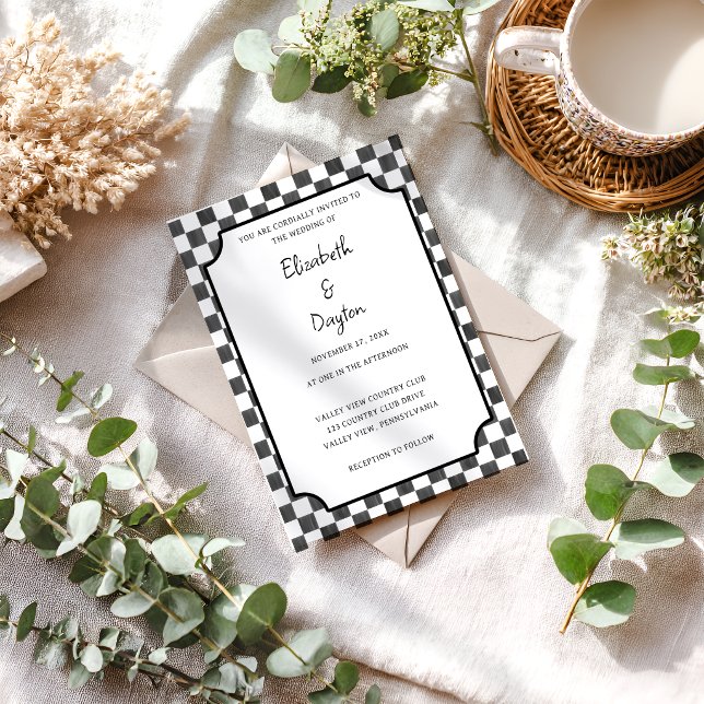 Painted Black Checkerboard Pattern Wedding Invitation (Creator Uploaded)