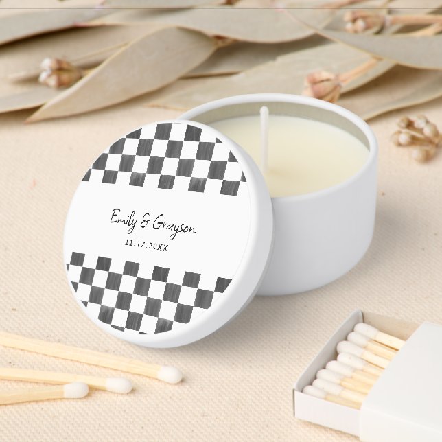 Painted Black Checkerboard Pattern Wedding Mini Candle Favors (Insitu)